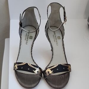 Bruno Magli Black and Gold Heels with Metallic Embellishments
